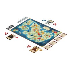 Componentes juego de mesa Tiempo De Tumulto, tablero, cartas y fichas.
