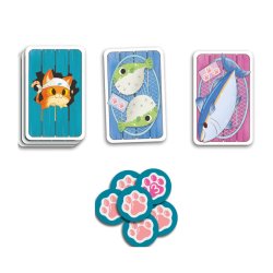 Cartas y fichas juego Fish And Katz, juego competitivo para toda la familia, amantes de los gatos y juegos geek