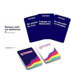 cartas del party game QTDEN de los creadores de Guatafac es un juego para carretes para +18 años completa la oración