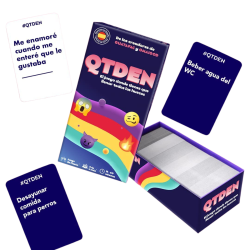 cartas y caja del party game QTDEN de los creadores de Guatafac es un juego para carretes para +18 años completa la oración