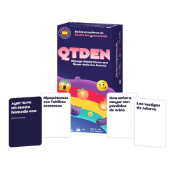 Cartas y caja del party game QTDEN de los creadores de Guatafac, un juego para carretes para +18 años completa la oración