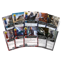 Cartas de Star Wars: The Deckbuilding Game. Se ven personajes de la guerra de las galaxias, como Darth Vader o Luke Skywalker