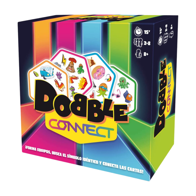 Caja Dobble Connect party game de asmodee ideal de regalos para niños, uno de los mejores juegos de mesa y juego en familia.