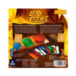 Reverso caja con resumen instruccionesa  de juego de mesa Lost Cities Exploradores de Devir, un juego para dos de estrategia