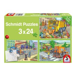 Puzzle Infantil Schmidt Müllwagen, Abschleppauto und Kehrmaschine / Camión De Basura, Grúa y Barredora. Rompecabezas infantil