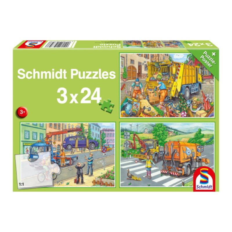 Puzzle Infantil Schmidt Müllwagen, Abschleppauto und Kehrmaschine / Camión De Basura, Grúa y Barredora. Rompecabezas infantil