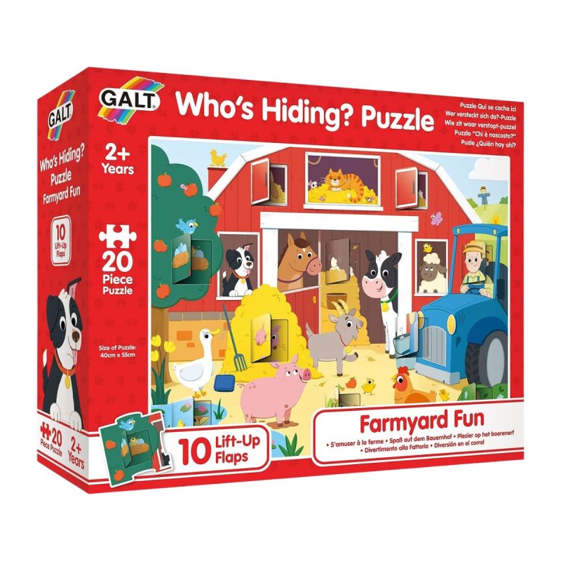 Caja del Puzzle Who's Hiding? Farmyard Fun de Galt. Un rompecabezas para niños de 2 años con ventanas que los sorprenderán