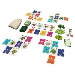 Fichas y cartas del juego de mesa Verdant de Maldito Games un juego en familia de cartas y puzzle