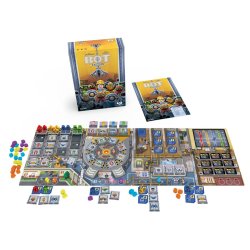 Vista aérea de caja y componentes de juego de tablero Bot Factory de Maldito Games un juego de estrategia