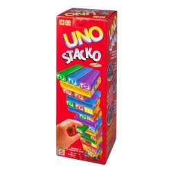 juego de mesa UNO Stacko, un party game de Mattel que combina el UNO con Jenga