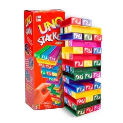 Piezas del juego de mesa UNO Stacko, un party game de Mattel que combina el UNO con Jenga entrejuegos de mesa de nuestra tienda