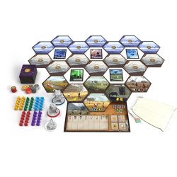 Componentes del Juego de mesa Expediciones, un juego de estrategia de Maldito Games secuela se el juego Scythe