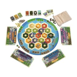 Contenido juego de mesa Catan Energías, cartas y fichas de este juego familiar, los colonos de Catan