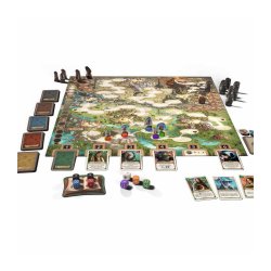 Componentes juego de mesa El Señor de los Anillos Aventura Hacia el Monte del Destino, tablero, cartas, fichas y miniaturas