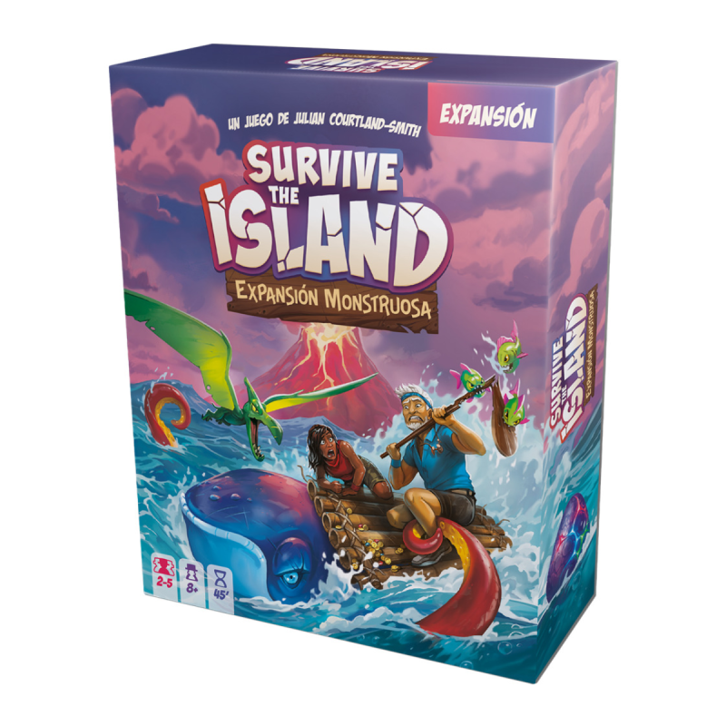 Portada juego de mesa Survive The Island Expansión Monstruosa por Asmodee Chile en tienda juegos de mesa Aldea Juegos